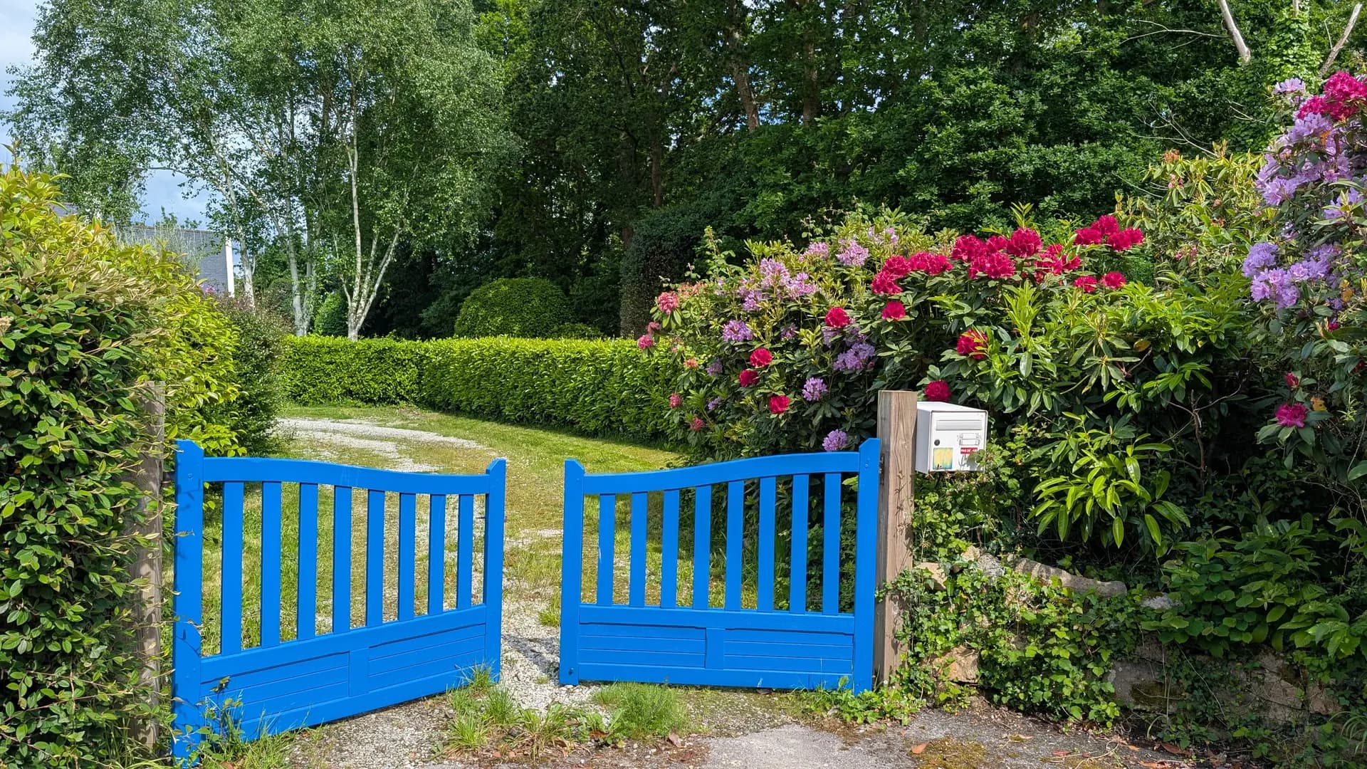 Portail bleu ouvrant sur la propriété